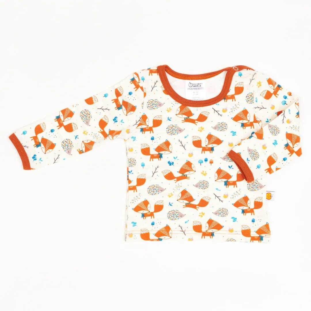 Long-sleeve baby top "Fox & Hedgehog/Rust"