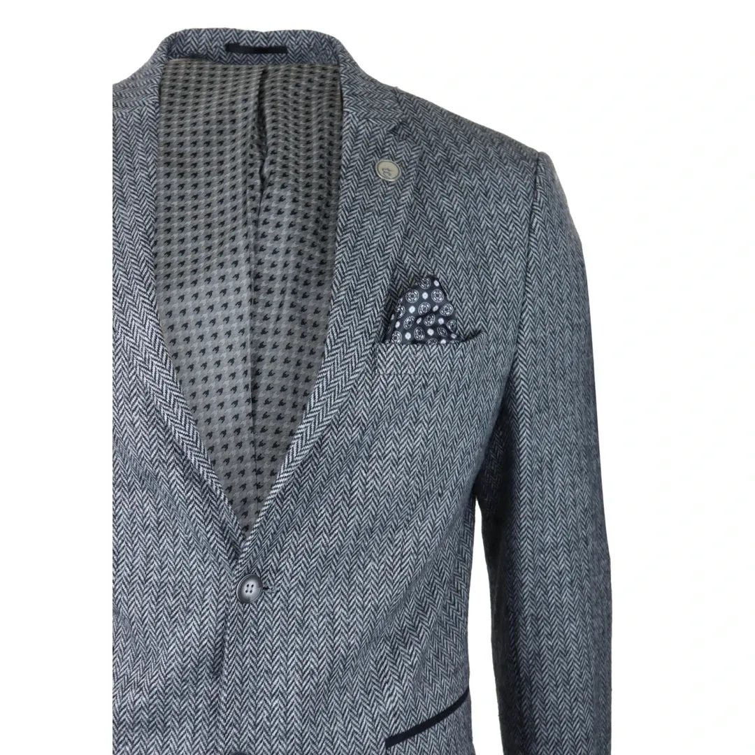 Men's Light Grey Black Blazer Jacket Tweed Suit Herringbone Wool 1920s