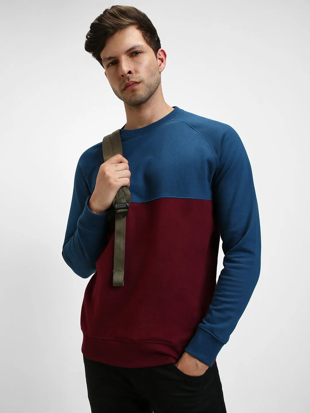 Men's Mock Neck Regular Fit Colourblock Blue Sweatshirt