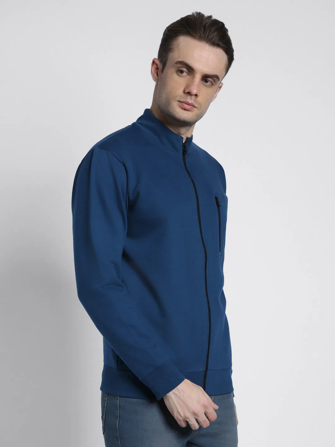 Men's Mock Neck Regular Fit Solid Blue Sweatshirt