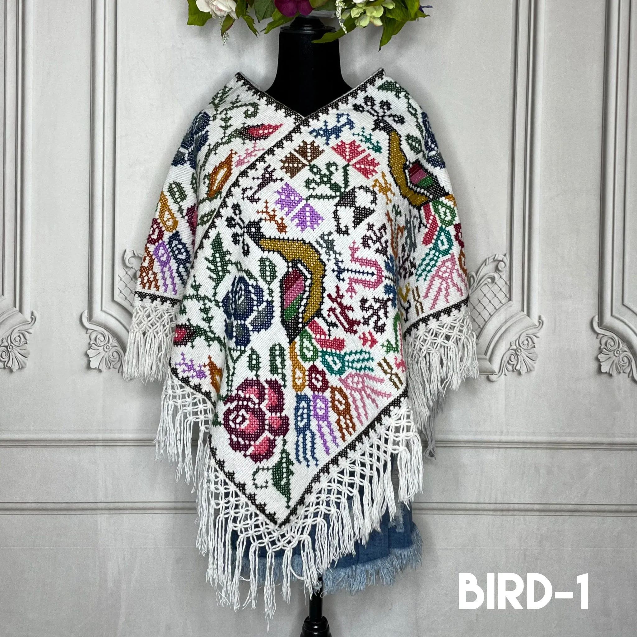 Mexican Cape Poncho Cross Stitch White Peacock