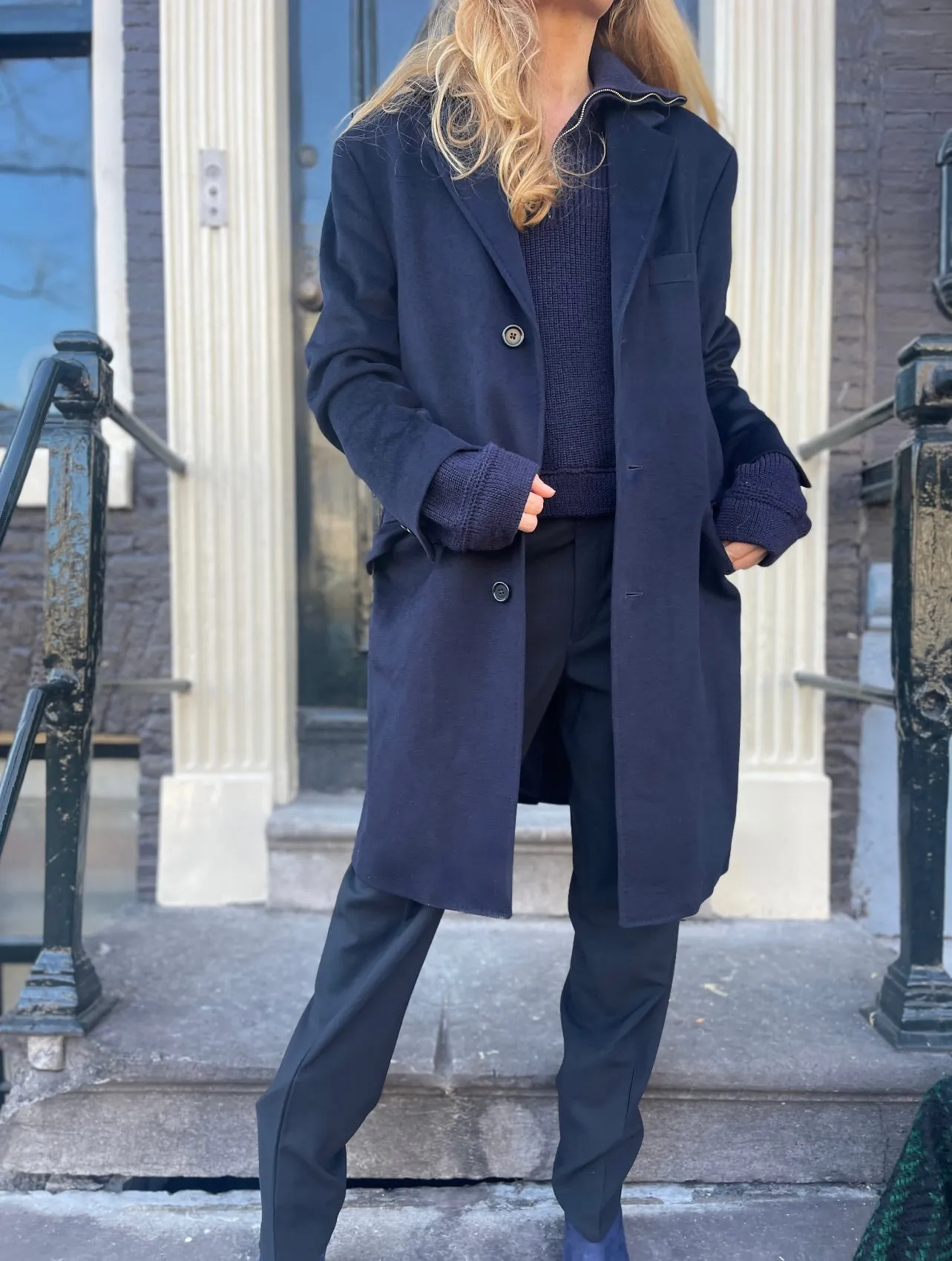 Navy blue cashmere wool coat.