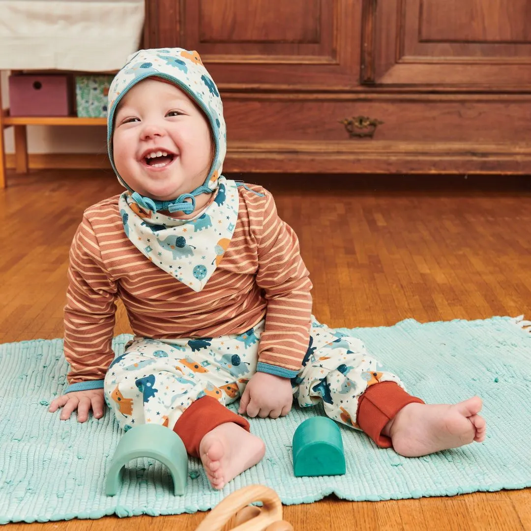 Organic dribble bib "Baby Elephant | Stripes Caramel" - 98% organic cotton, 2% elastane