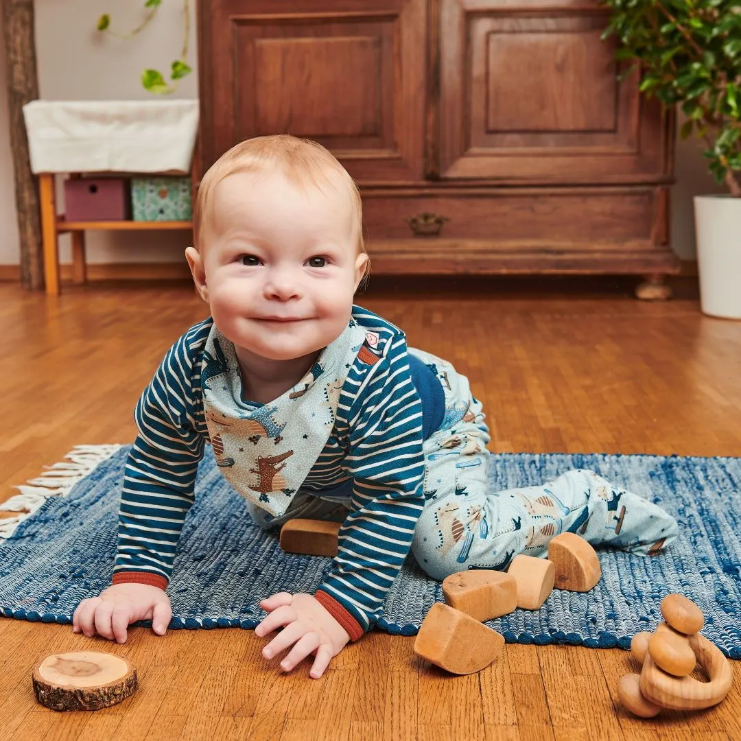 Organic dribble bib "Crocs on Wheels | Stripes Water by Night" - 95% organic cotton, 5% elastane