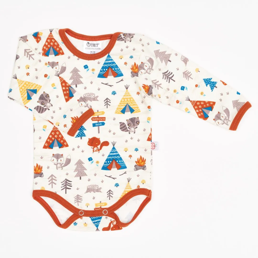 Organic longsleeve baby body "Adventure Camp" - 95% organic cotton, 5% elasthane