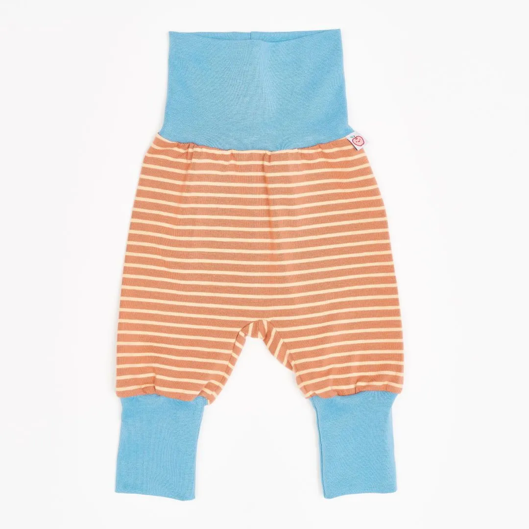 Organic rib pants "Stripes Caramel | Adriatic blue" - 95% organic cotton, 5% elastane