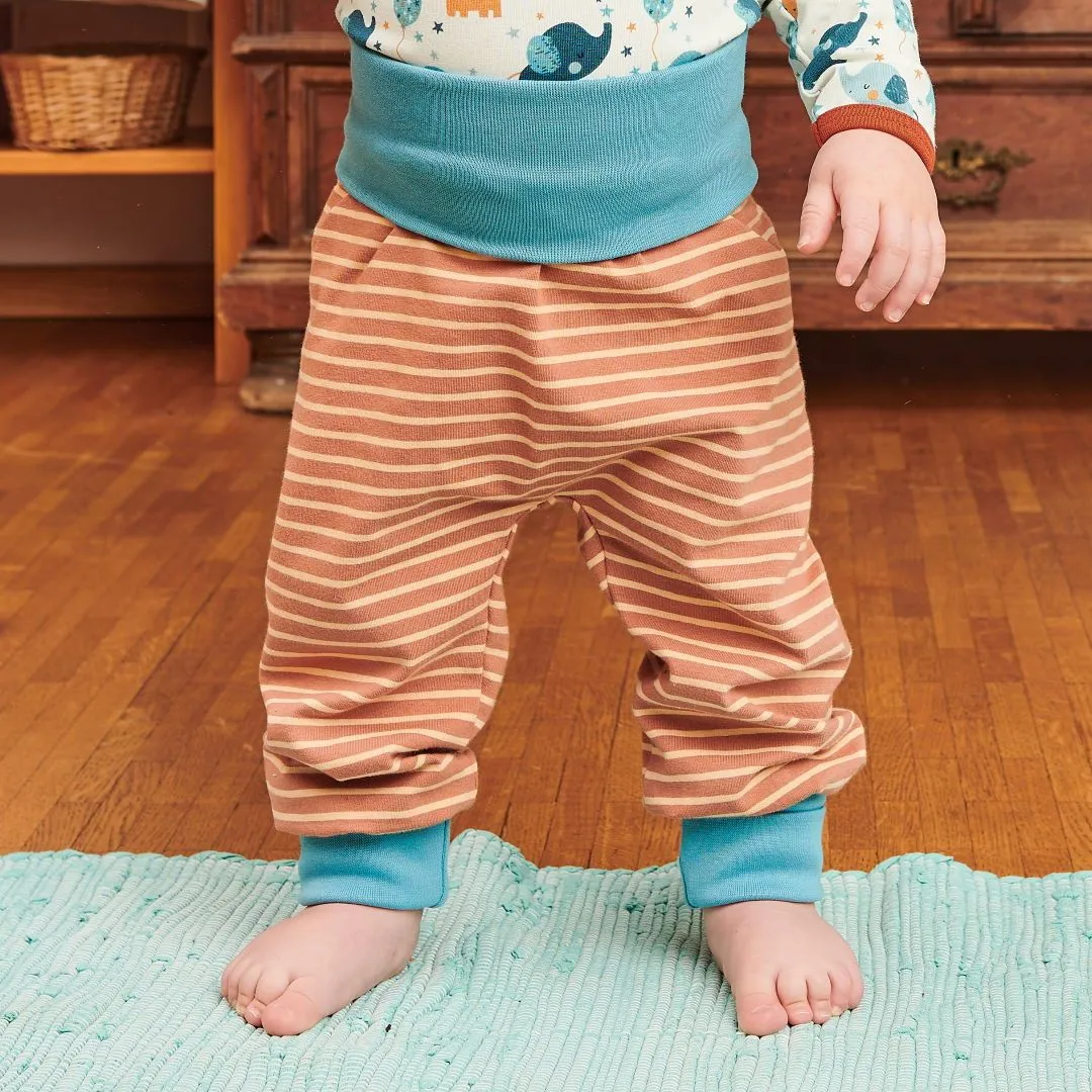 Organic rib pants "Stripes Caramel | Adriatic blue" - 95% organic cotton, 5% elastane