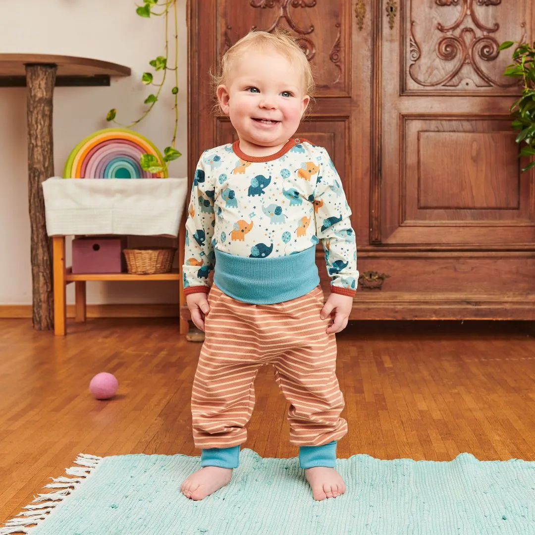 Organic rib pants "Stripes Caramel | Adriatic blue" - 95% organic cotton, 5% elastane