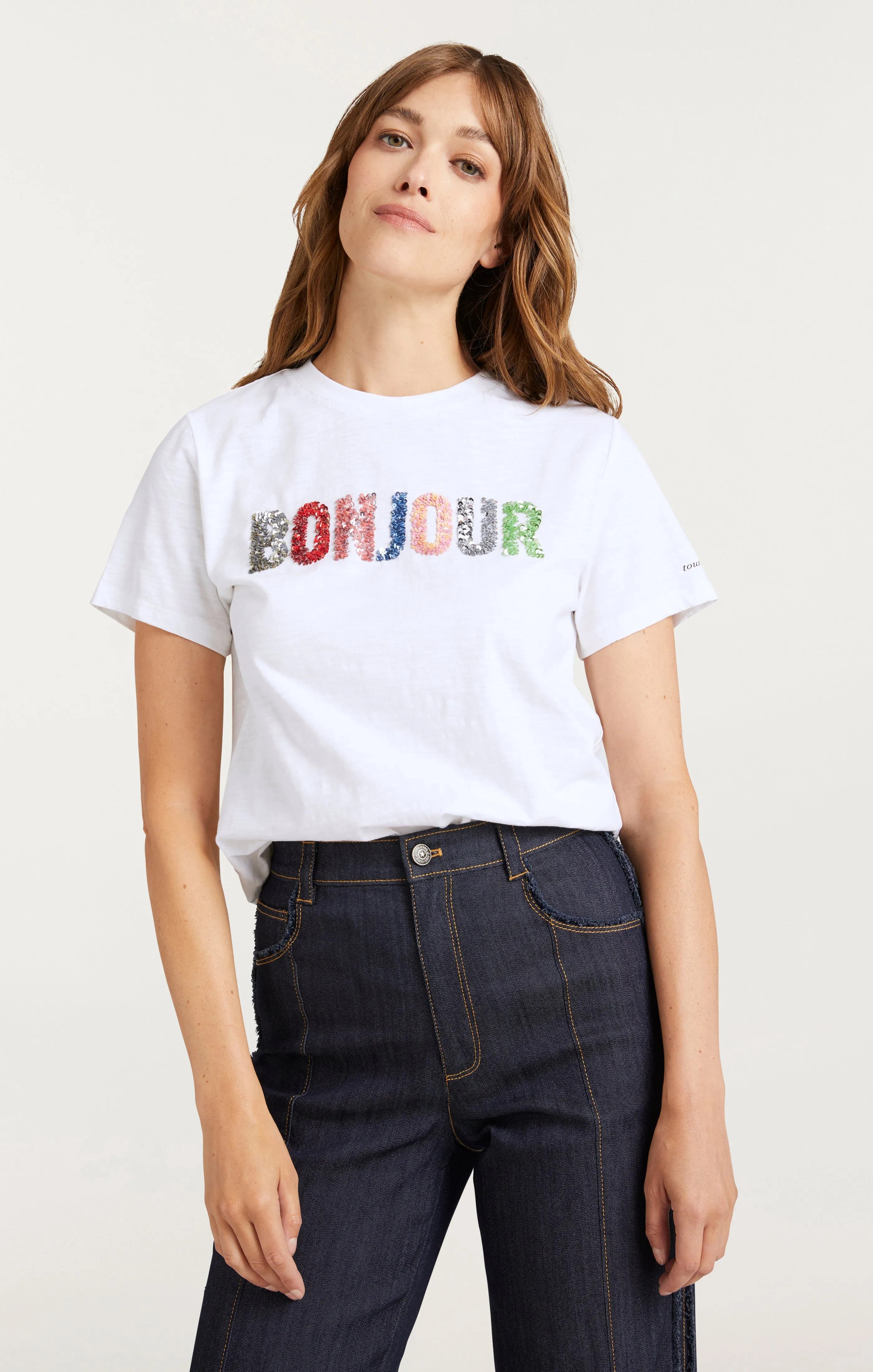 Pailette Applique Bonjour Tee