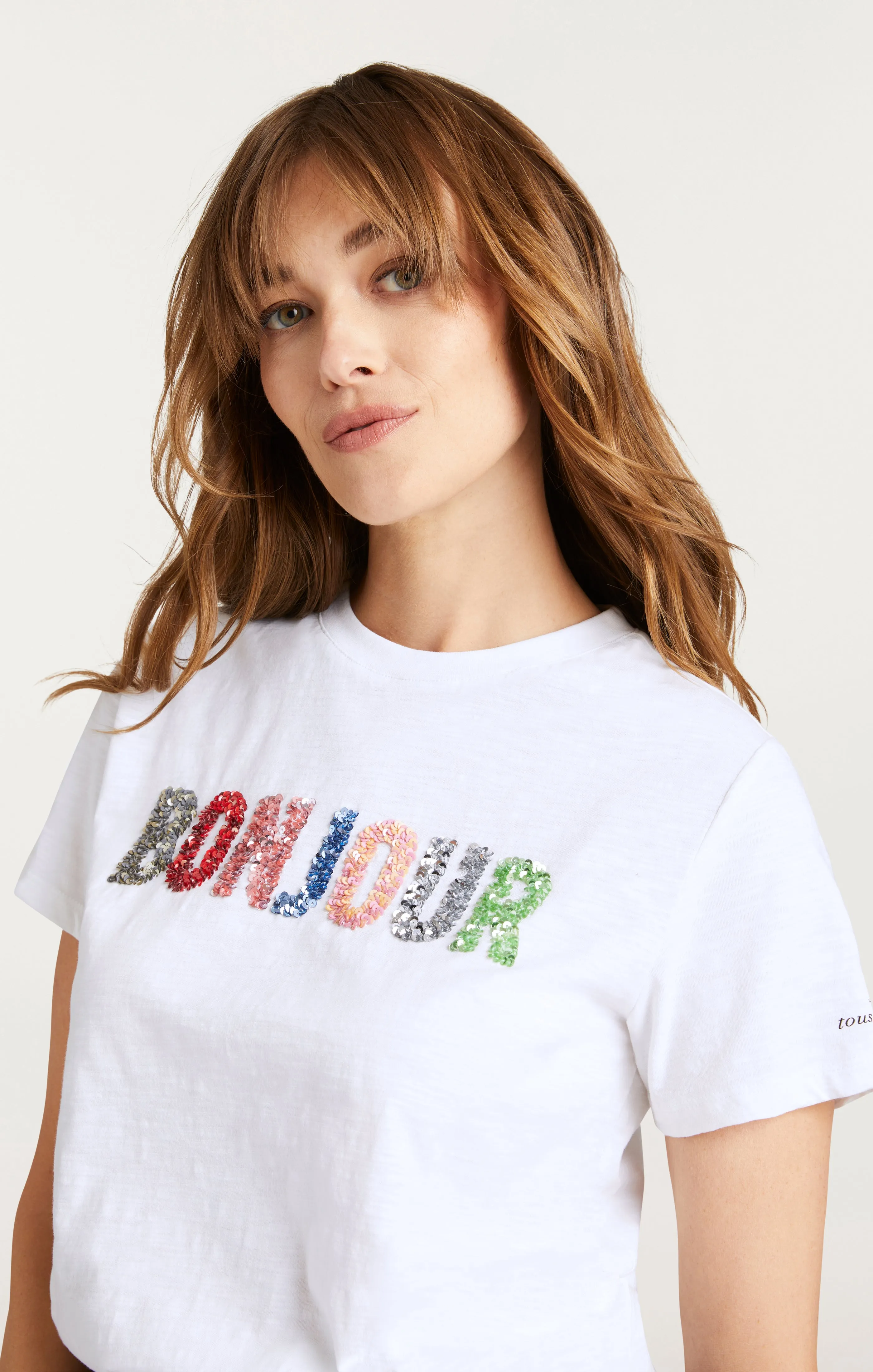 Pailette Applique Bonjour Tee