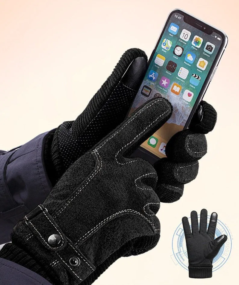 Premium Men's Winter Leather Gloves - Touchscreen Enabled for Outdoor Activities and Smartphone Use