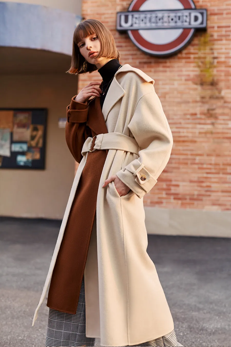 Retro stitching contrast color loose double-sided long wool coat