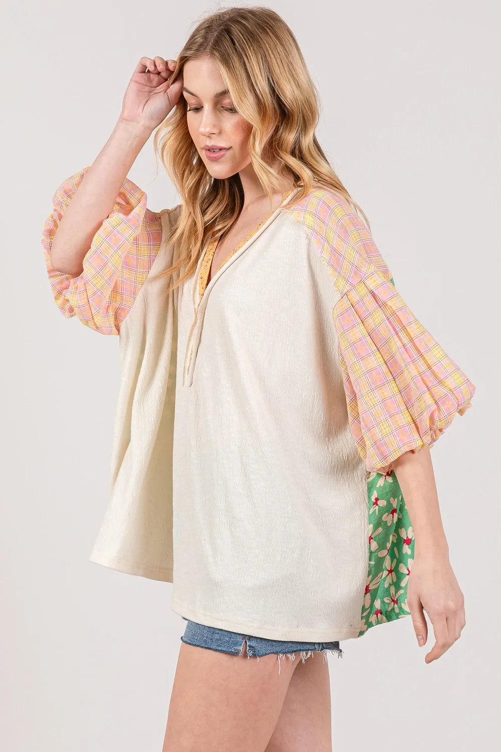 SAGE   FIG Color Block Bubble Sleeve Top