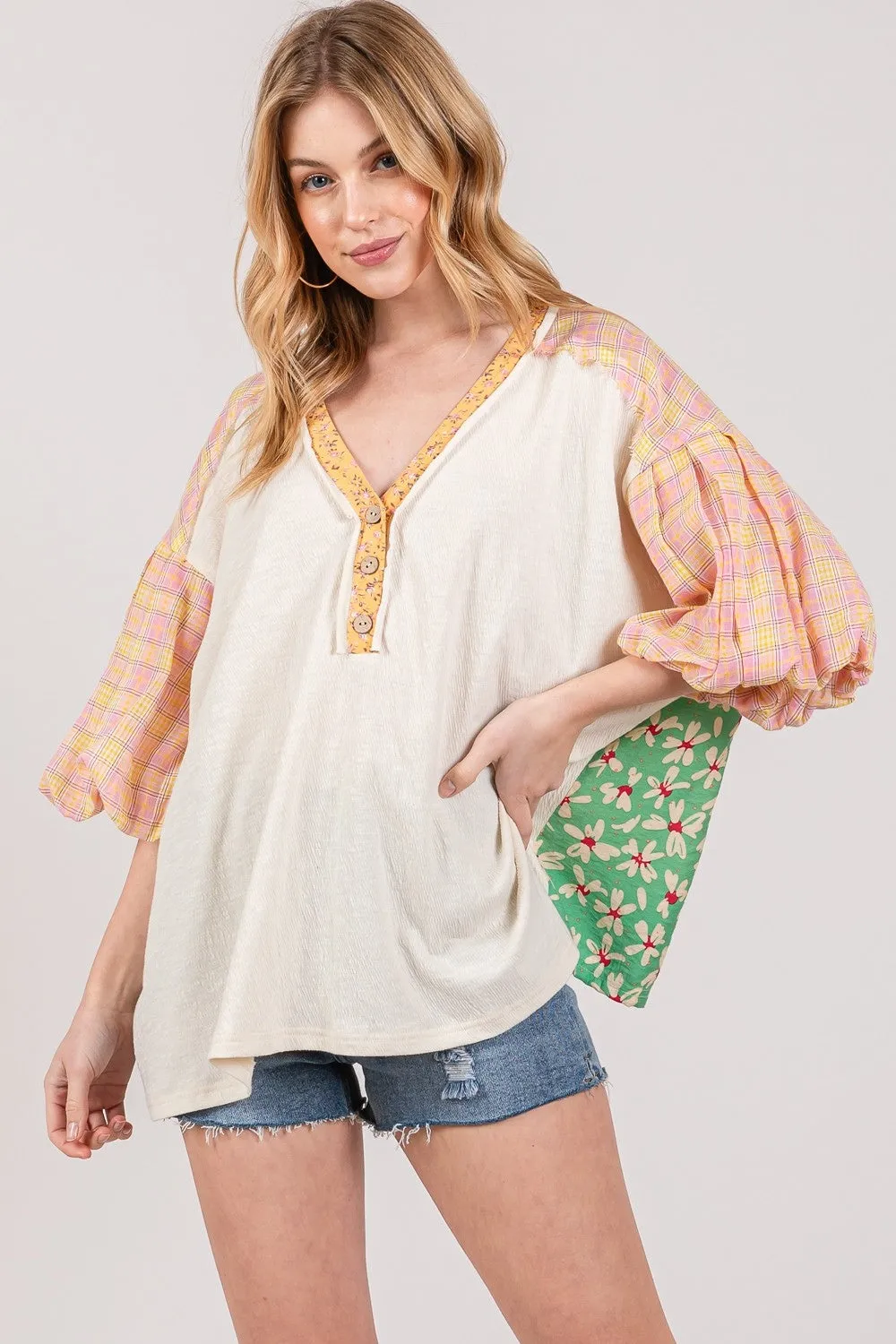 SAGE   FIG Color Block Bubble Sleeve Top