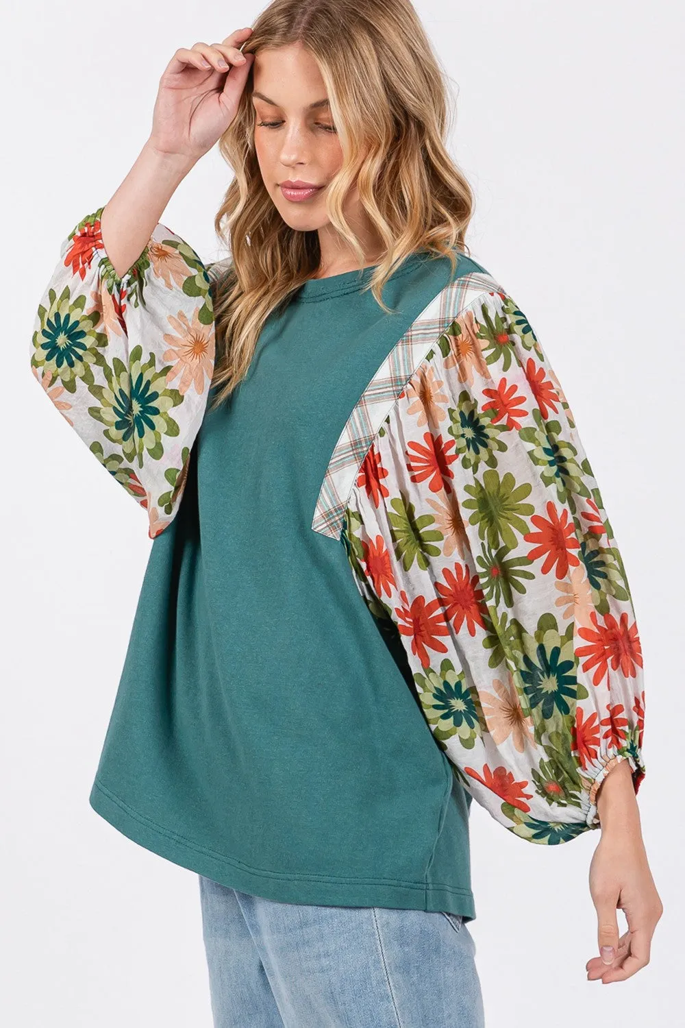 SAGE   FIG Full Size Printed Balloon Sleeve Contrast Top