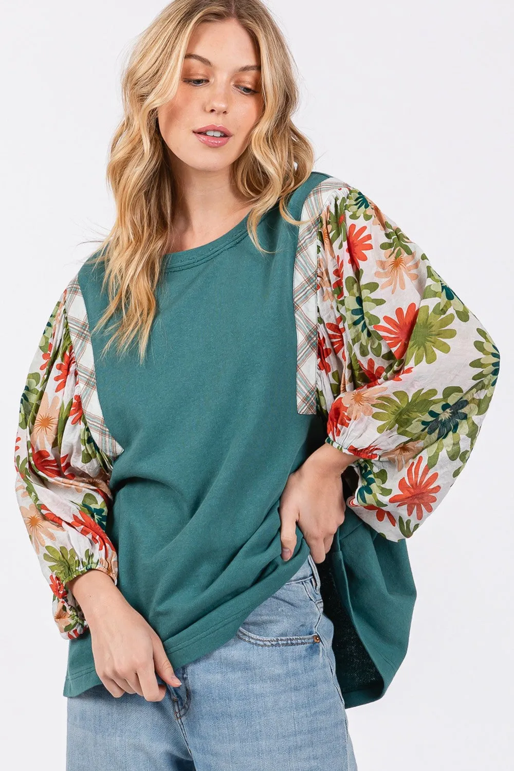 SAGE   FIG Full Size Printed Balloon Sleeve Contrast Top