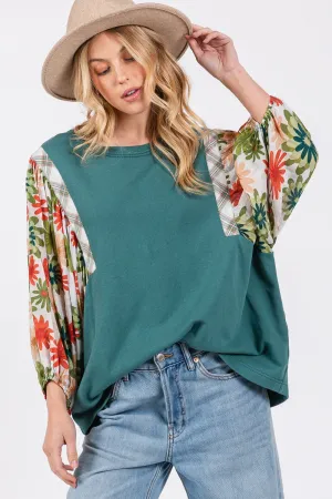 SAGE   FIG Full Size Printed Balloon Sleeve Contrast Top