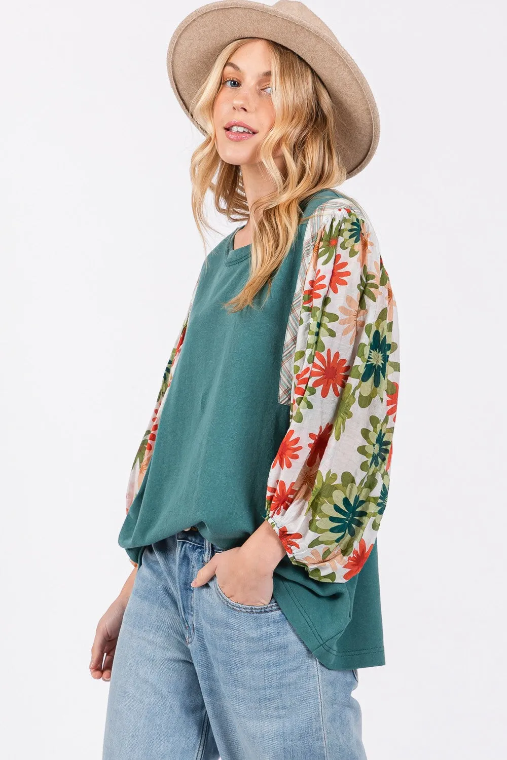 SAGE   FIG Full Size Printed Balloon Sleeve Contrast Top