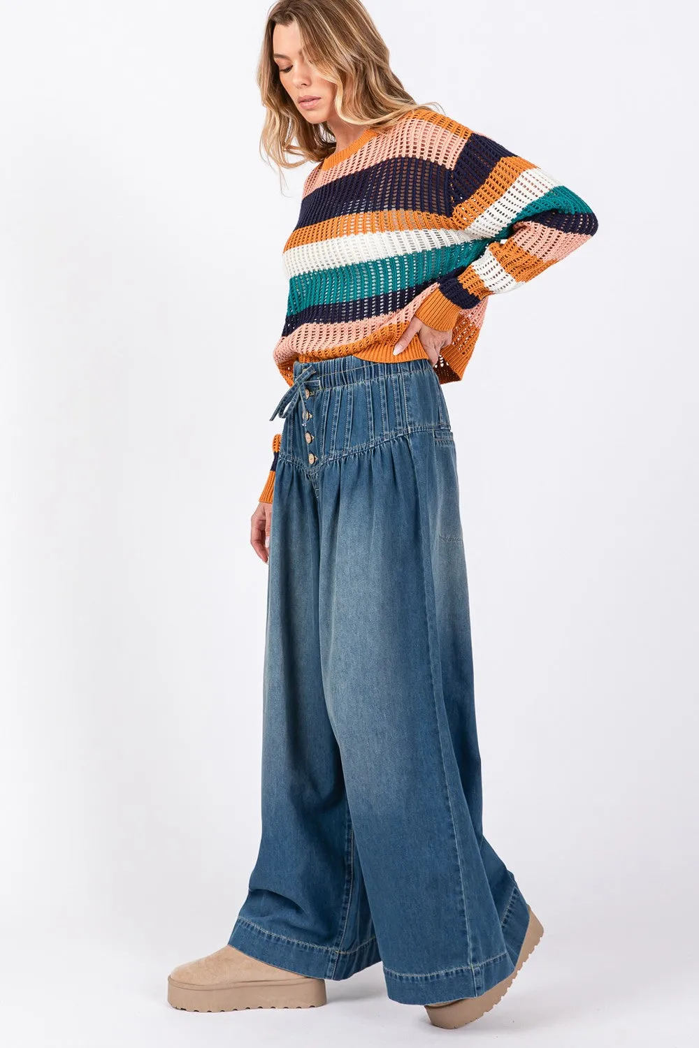 SAGE FIG Smocked Waist Band Wide Leg Jeans