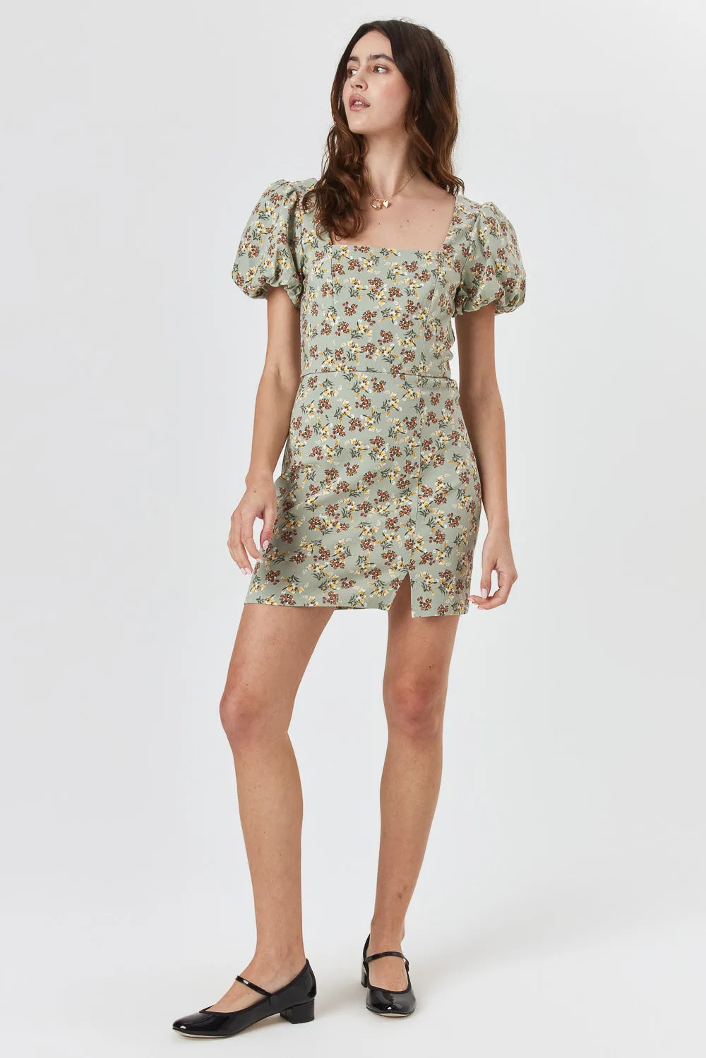 Sage Floral Puff Sleeve Dress