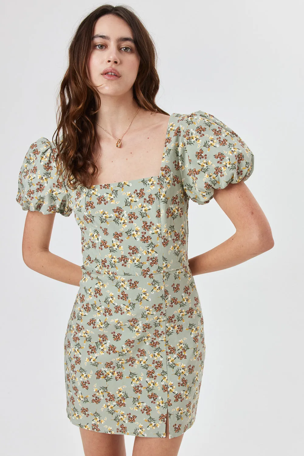 Sage Floral Puff Sleeve Dress