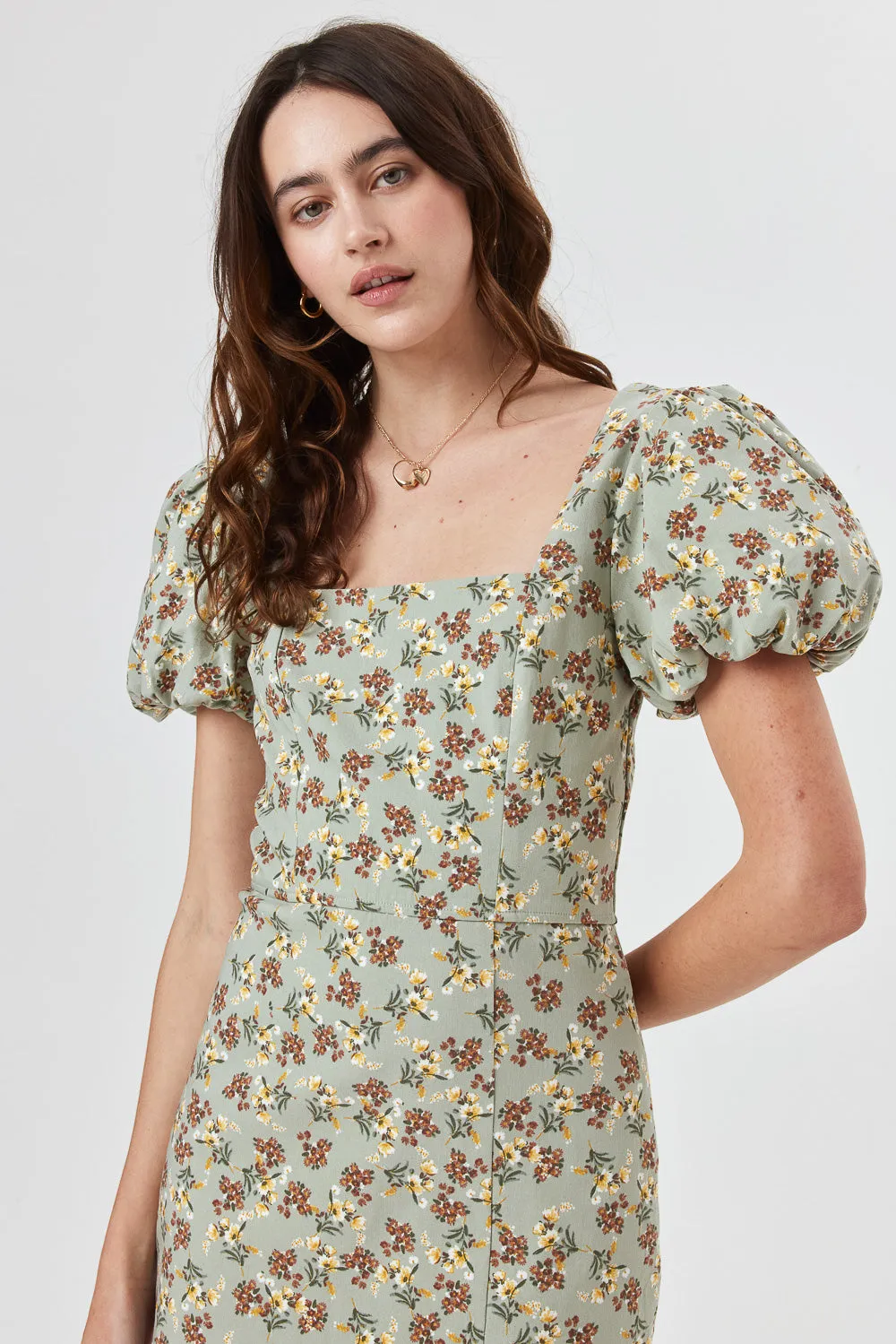 Sage Floral Puff Sleeve Dress