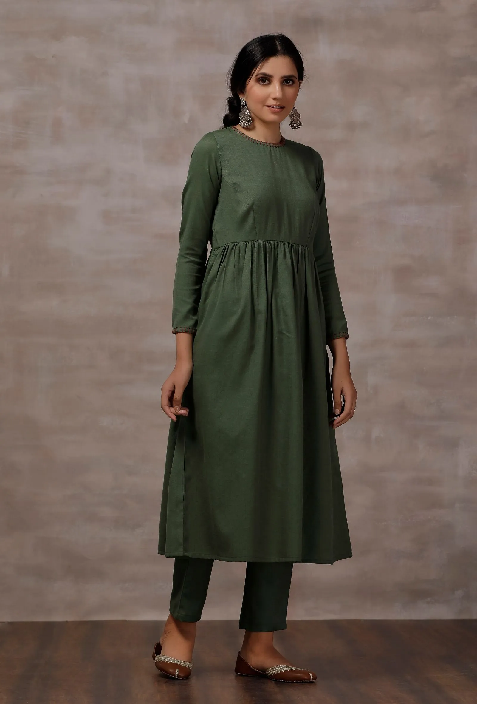 Sage Green Cashmilon Gathered Kurta