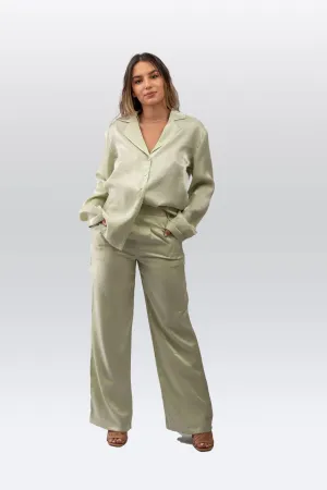 Satin Pleated Waist Trousers in Pale Sage