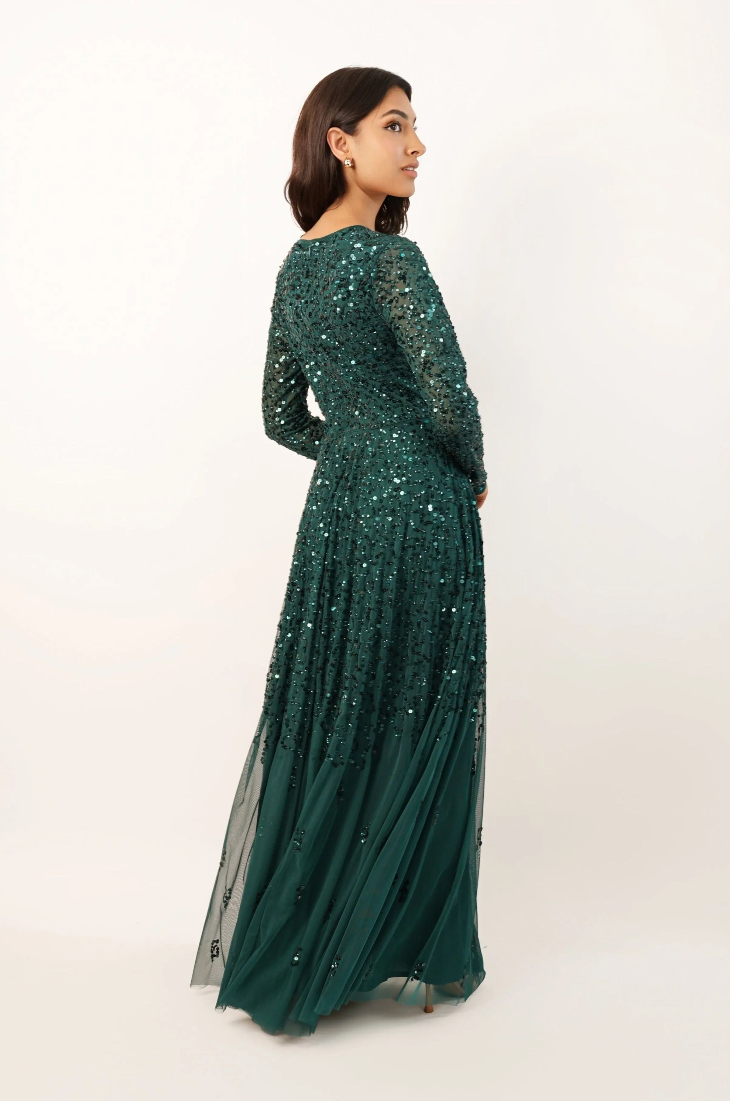 Sila Long Sleeve Embellished Maxi Dress in Emerald Green