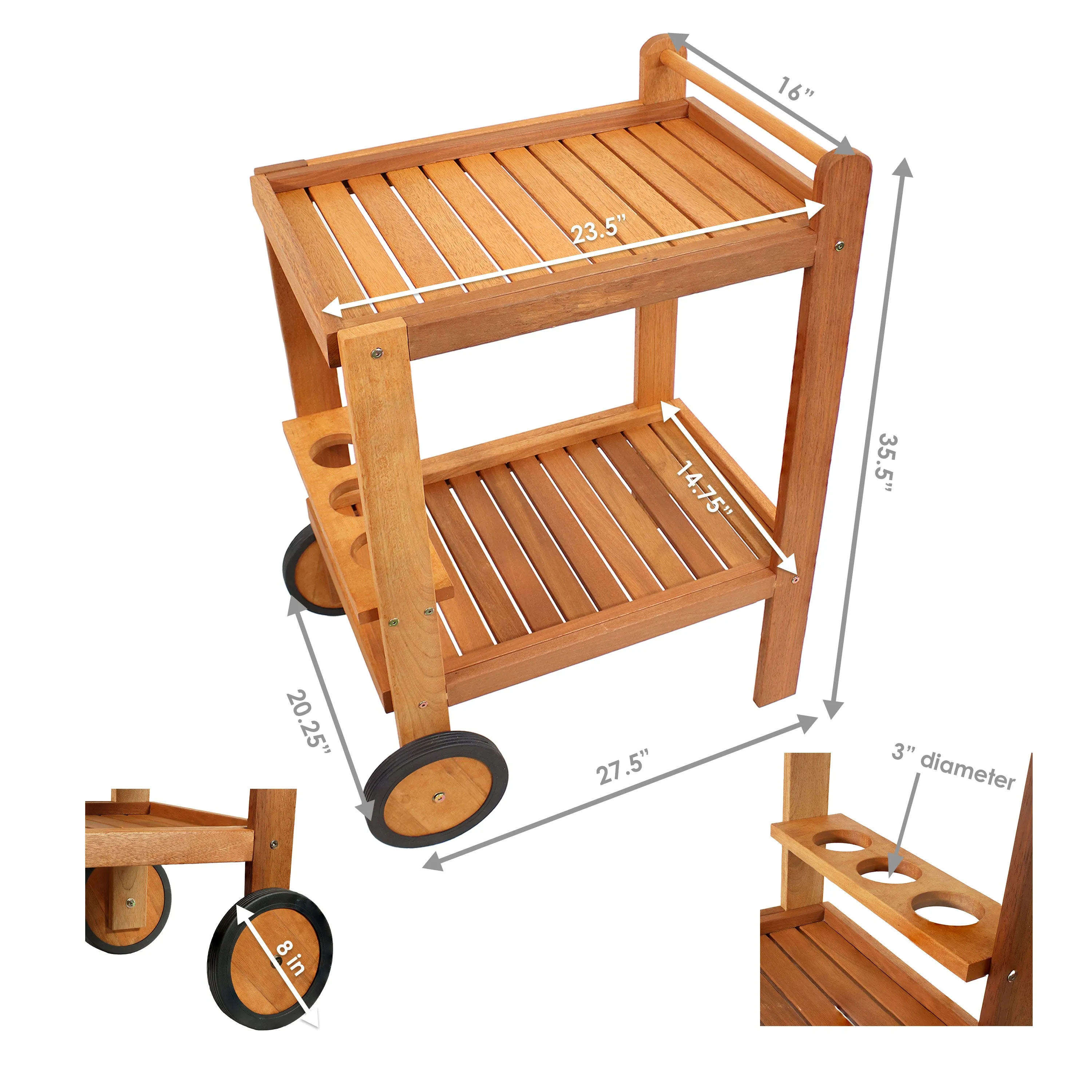 Sunnydaze Outdoor Wood Bar Cart with Wheels - Malaysian Hardwood