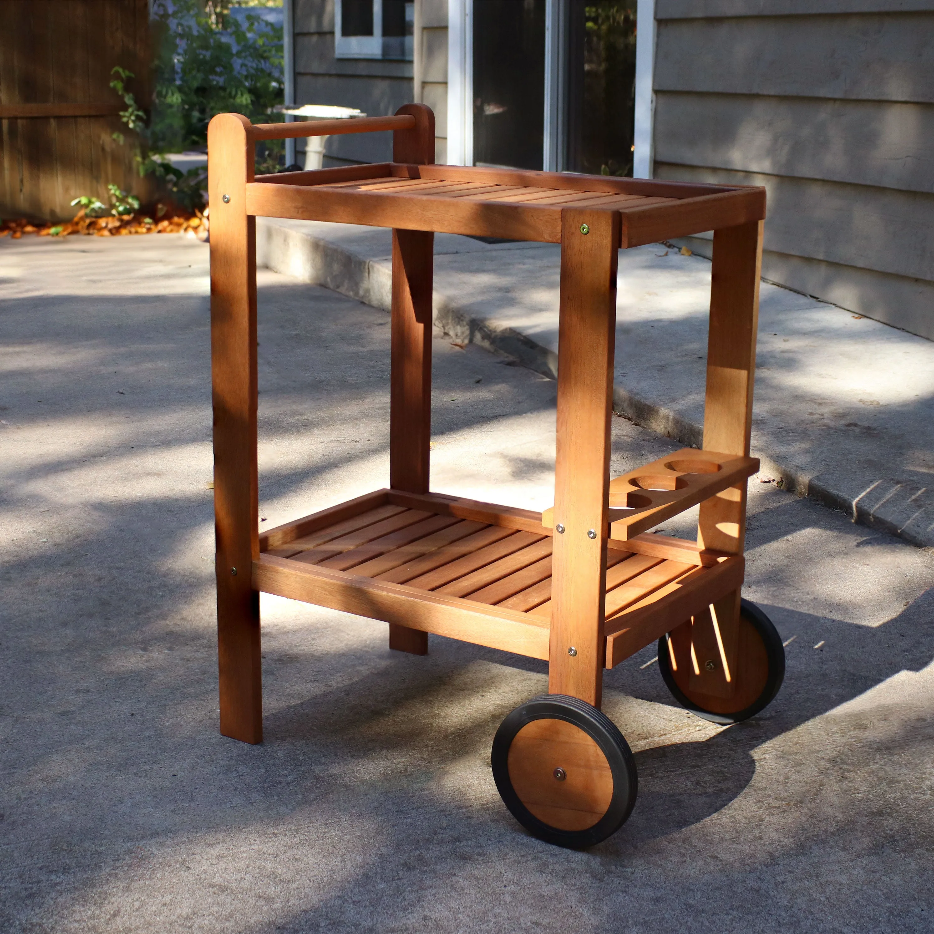 Sunnydaze Outdoor Wood Bar Cart with Wheels - Malaysian Hardwood