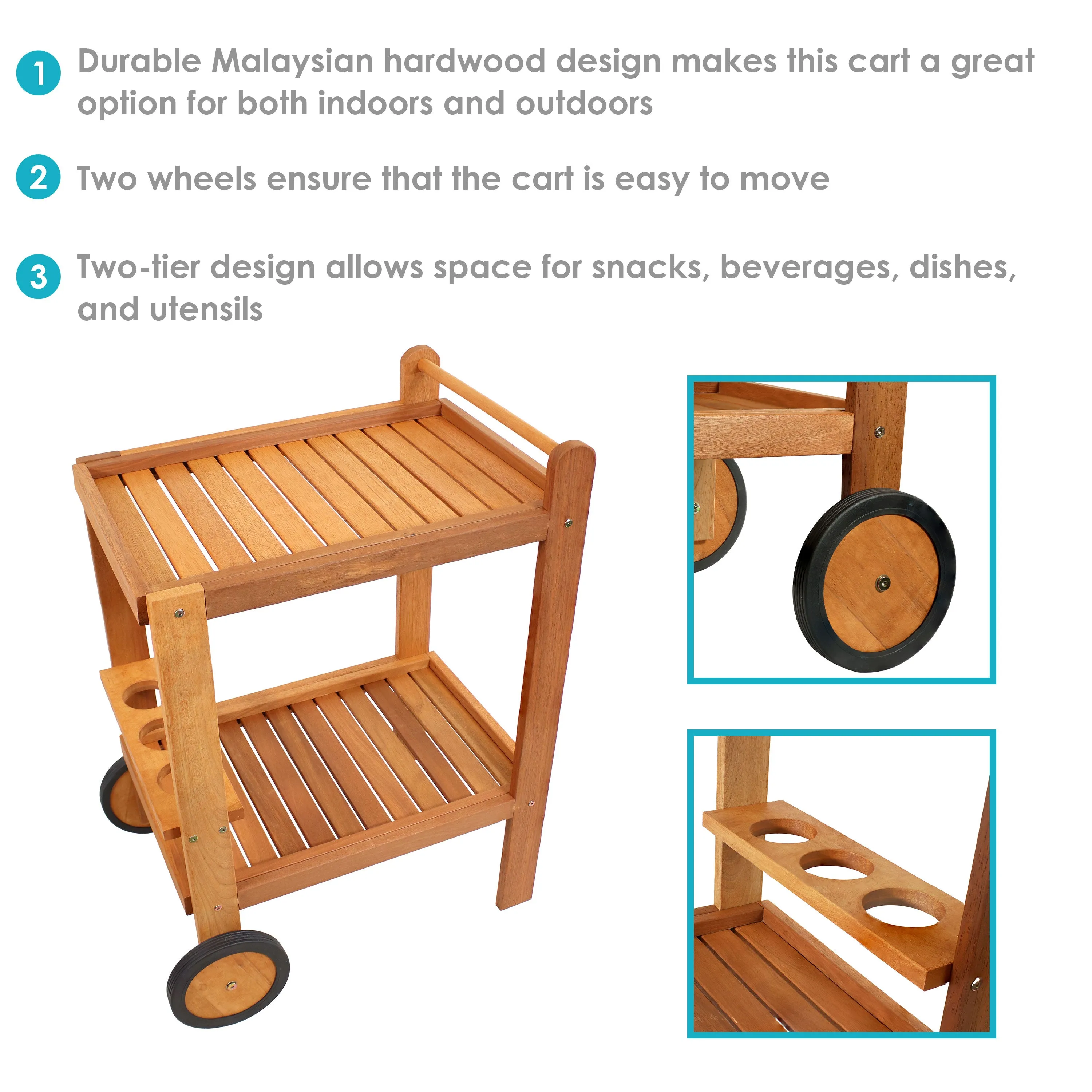 Sunnydaze Outdoor Wood Bar Cart with Wheels - Malaysian Hardwood