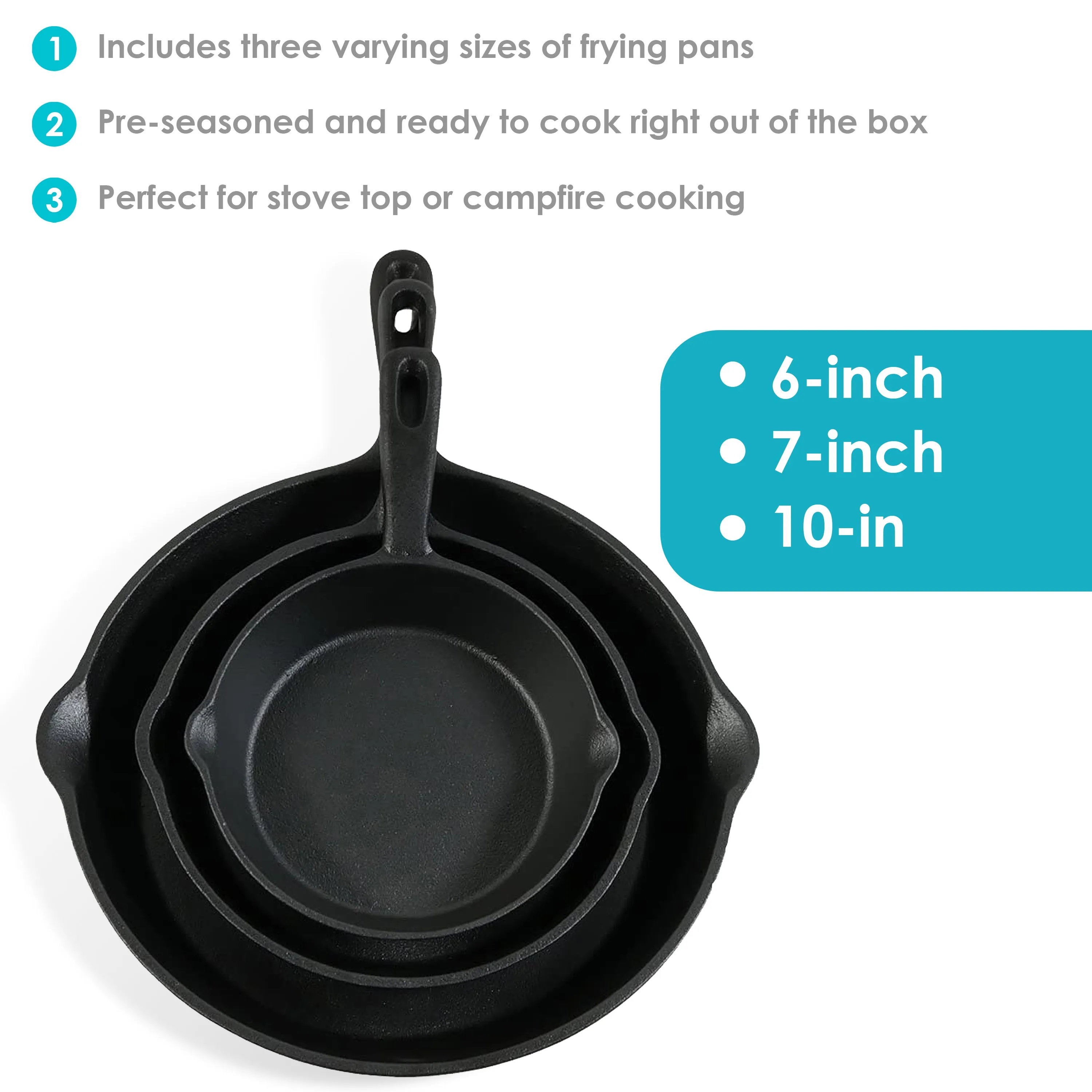 Sunnydaze Pre-Seasoned 3-Piece Cast Iron Skillet Fry Pan Set