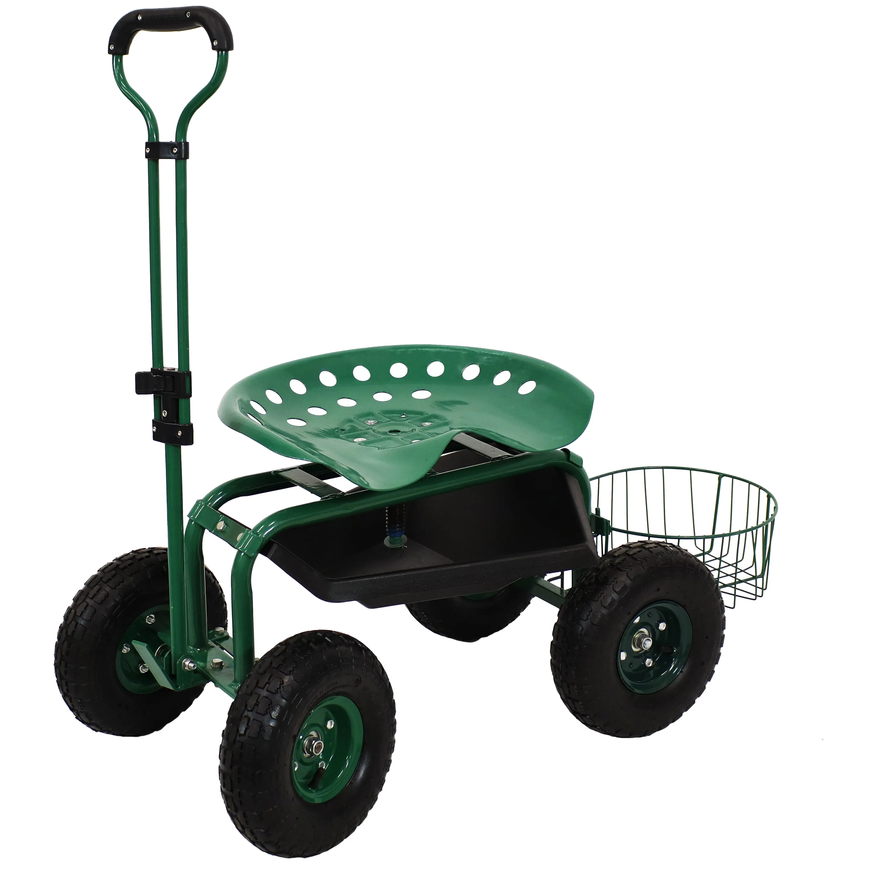 Sunnydaze Rolling Garden Cart with Swivel Seat, Handle, and Basket