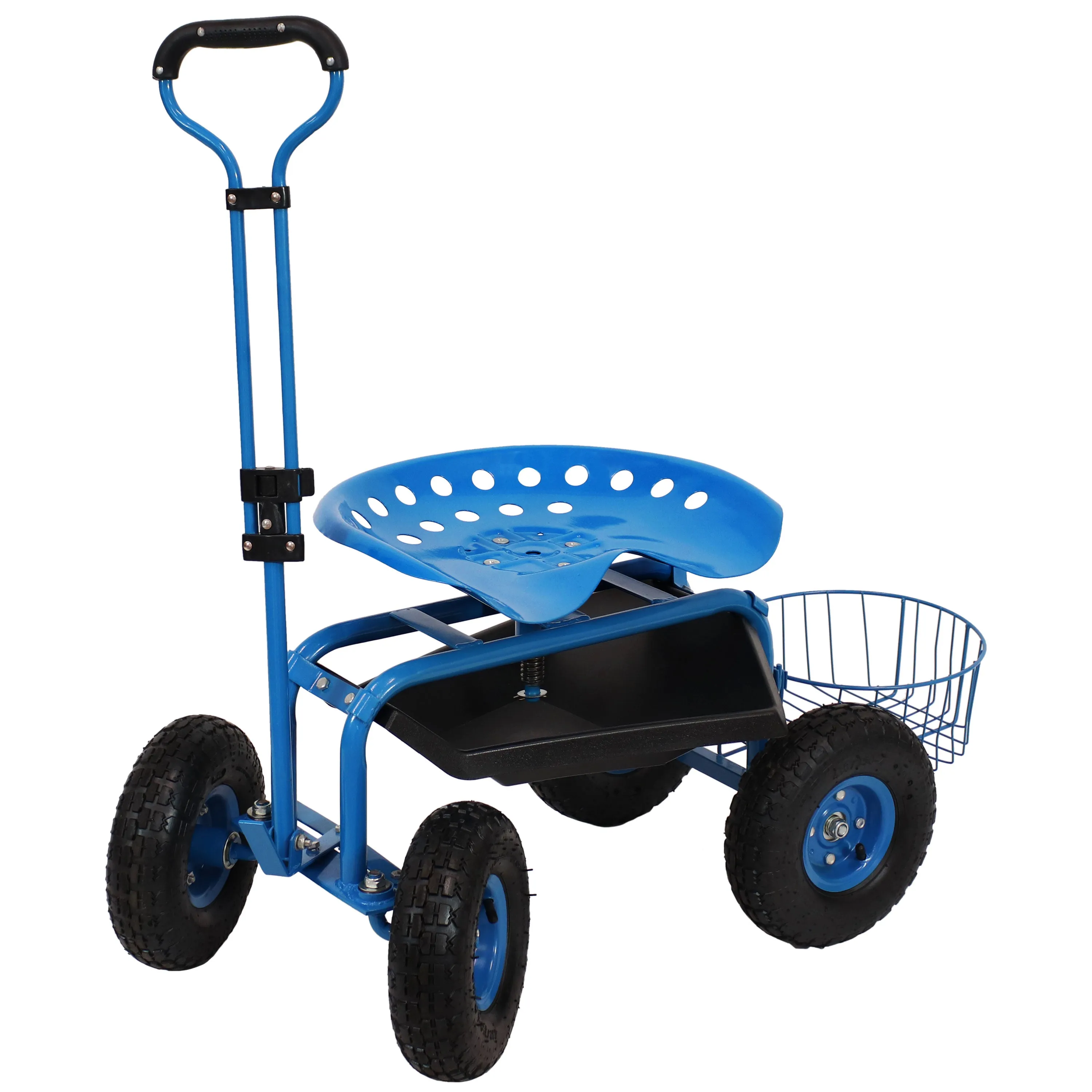 Sunnydaze Rolling Garden Cart with Swivel Seat, Handle, and Basket