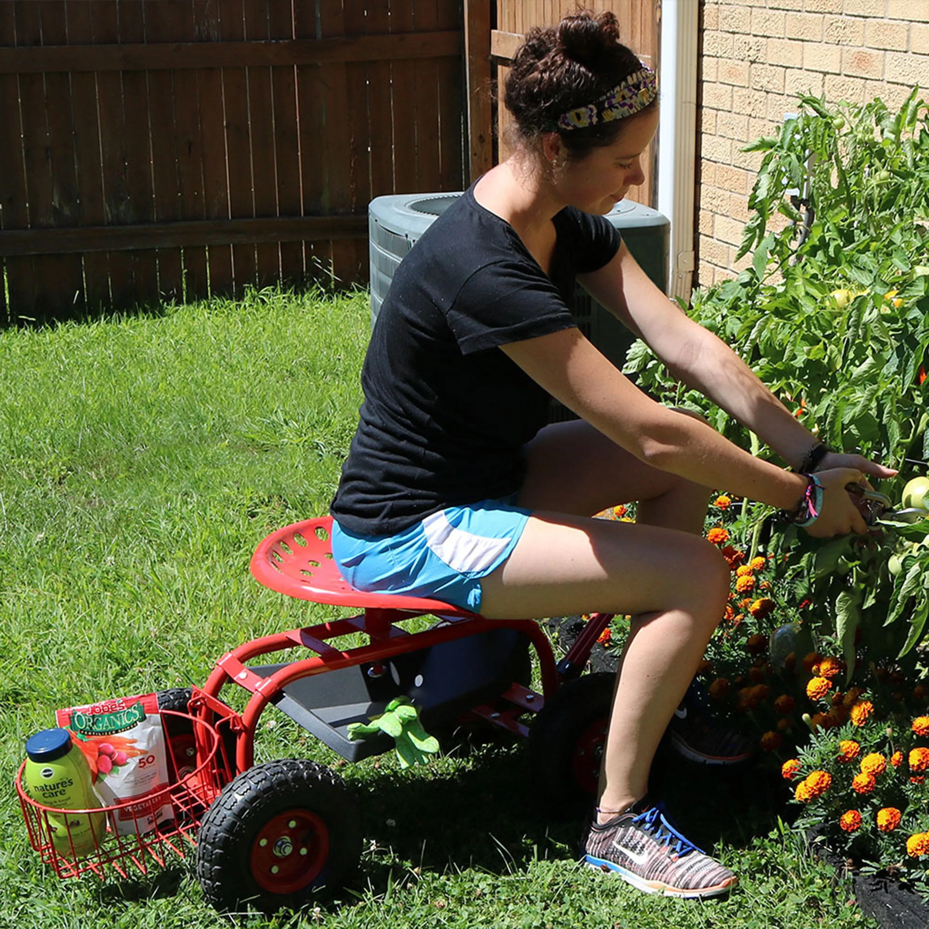 Sunnydaze Rolling Garden Cart with Swivel Seat, Handle, and Basket