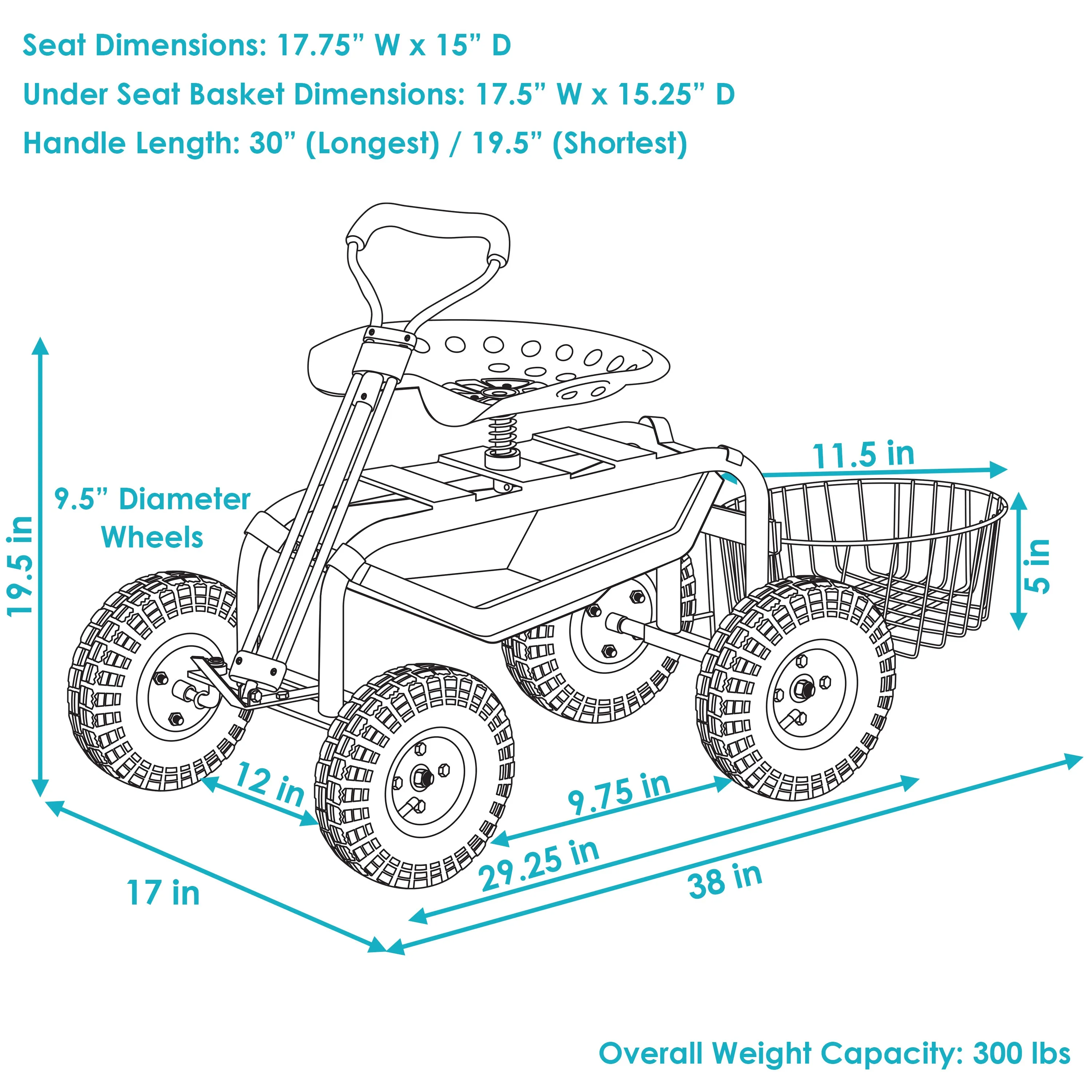 Sunnydaze Rolling Garden Cart with Swivel Seat, Handle, and Basket