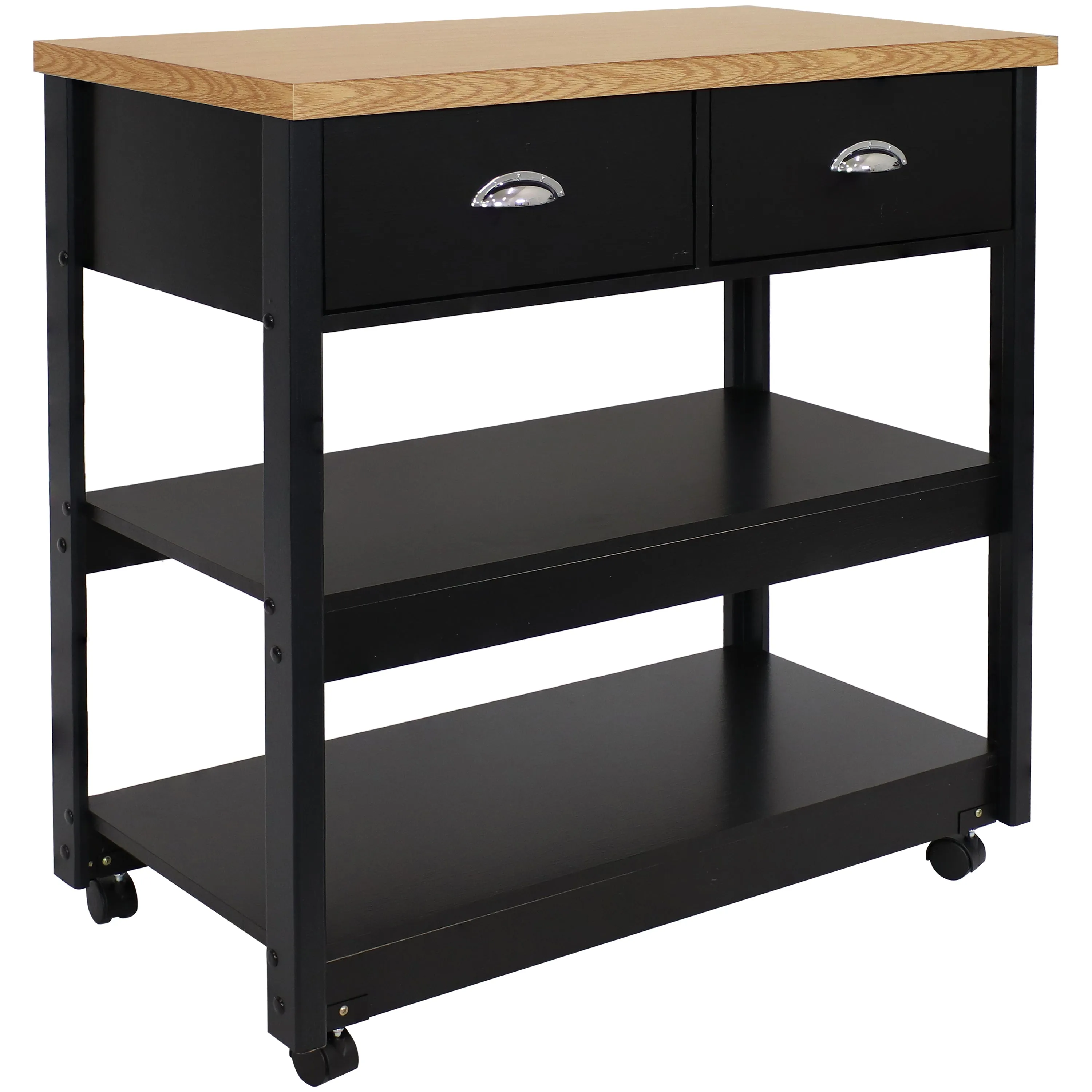 Sunnydaze Rolling Kitchen Island Cart with Drawers and Shelves - Black - 34.25" H