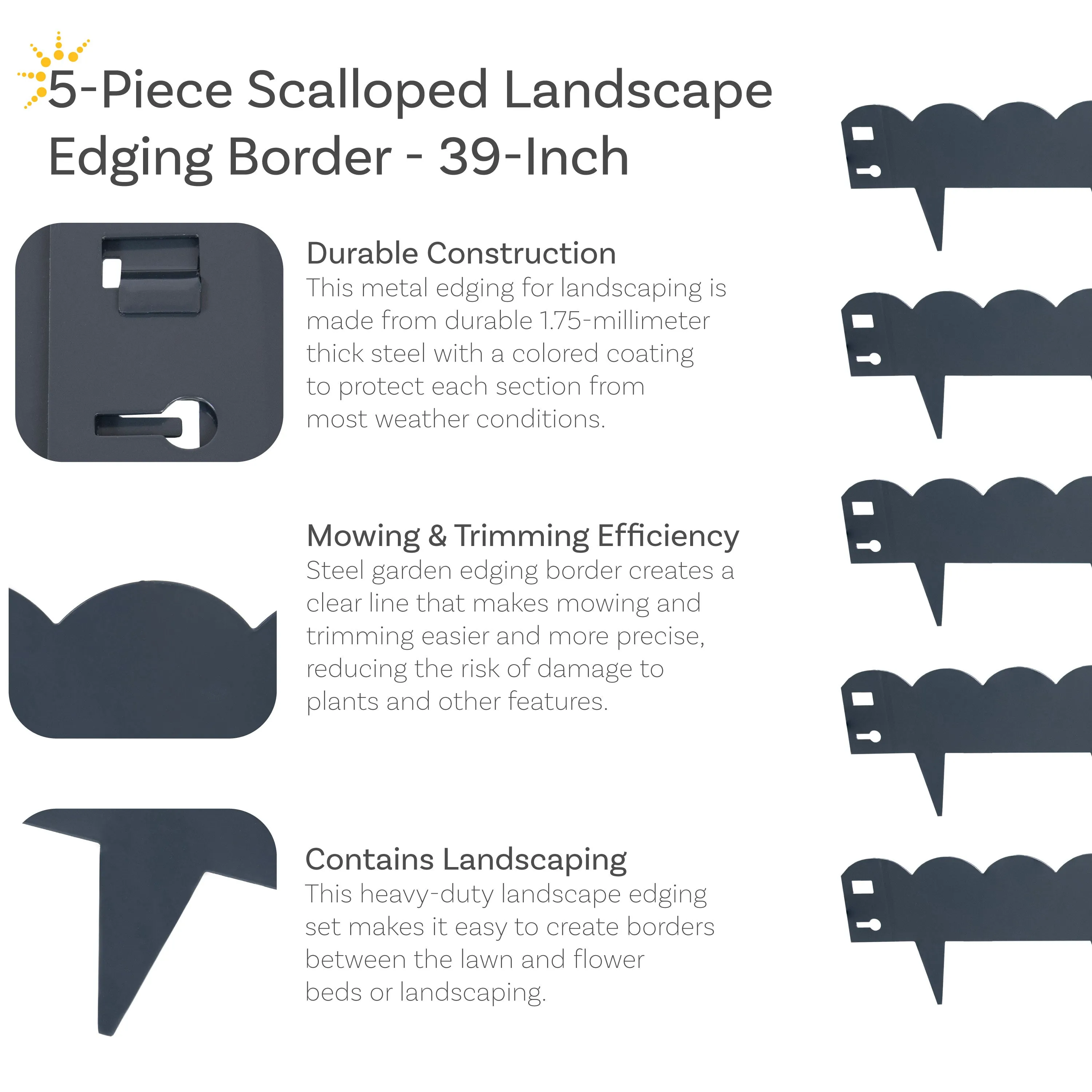 Sunnydaze Scalloped Metal Landscape Edging - Set of 5 - 41.75" Sections