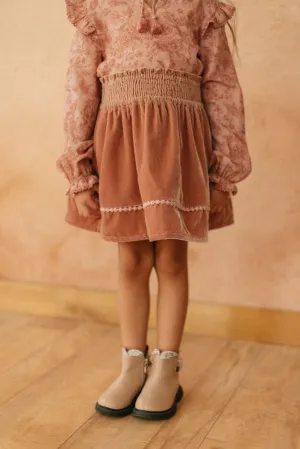 Tina Smocked Elasticated Velvet Girls Skirt - Pink