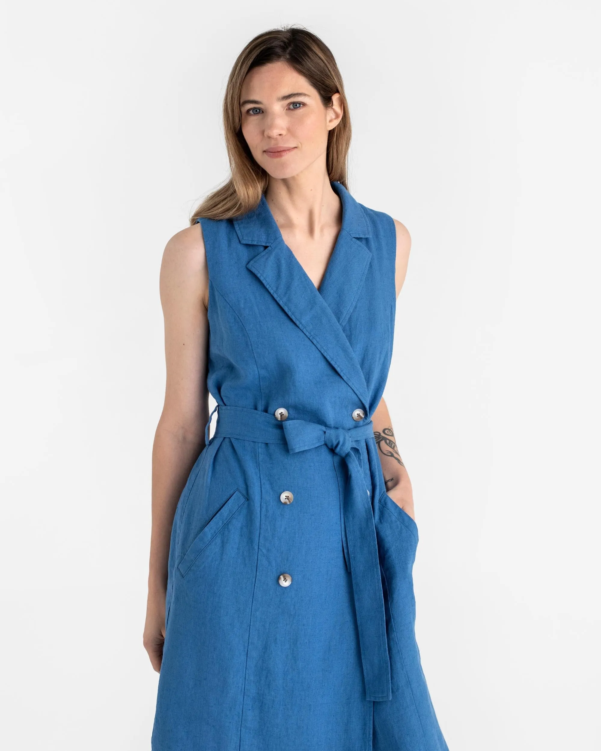 Trench linen dress LISBON in Cobalt blue