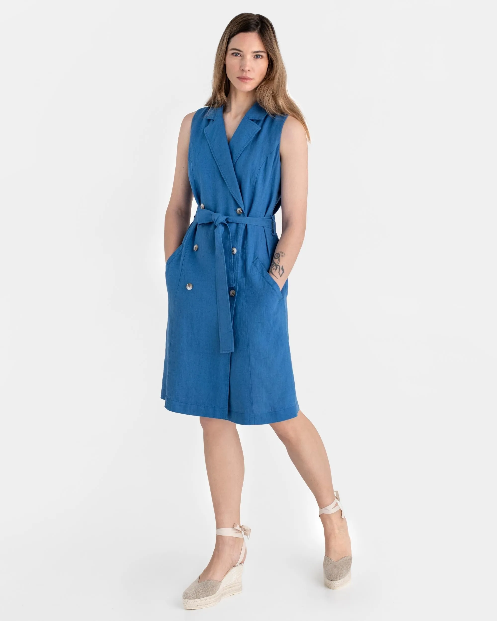 Trench linen dress LISBON in Cobalt blue