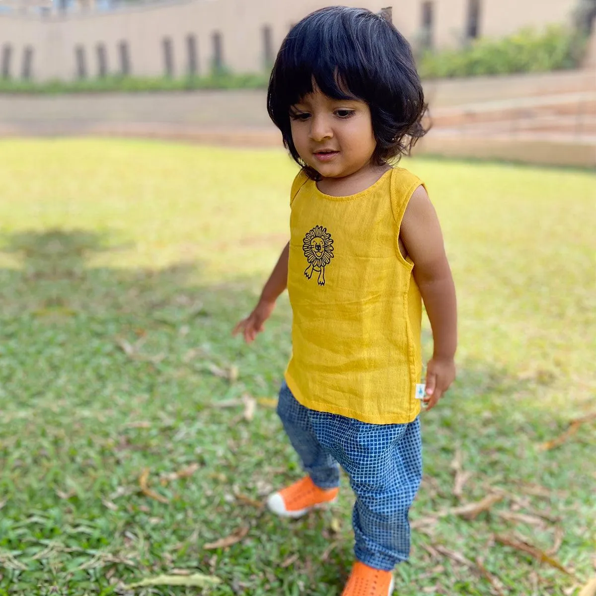 UNISEX ORGANIC ZOO YELLOW JHABLA WITH INDIGO CHECK PANTS