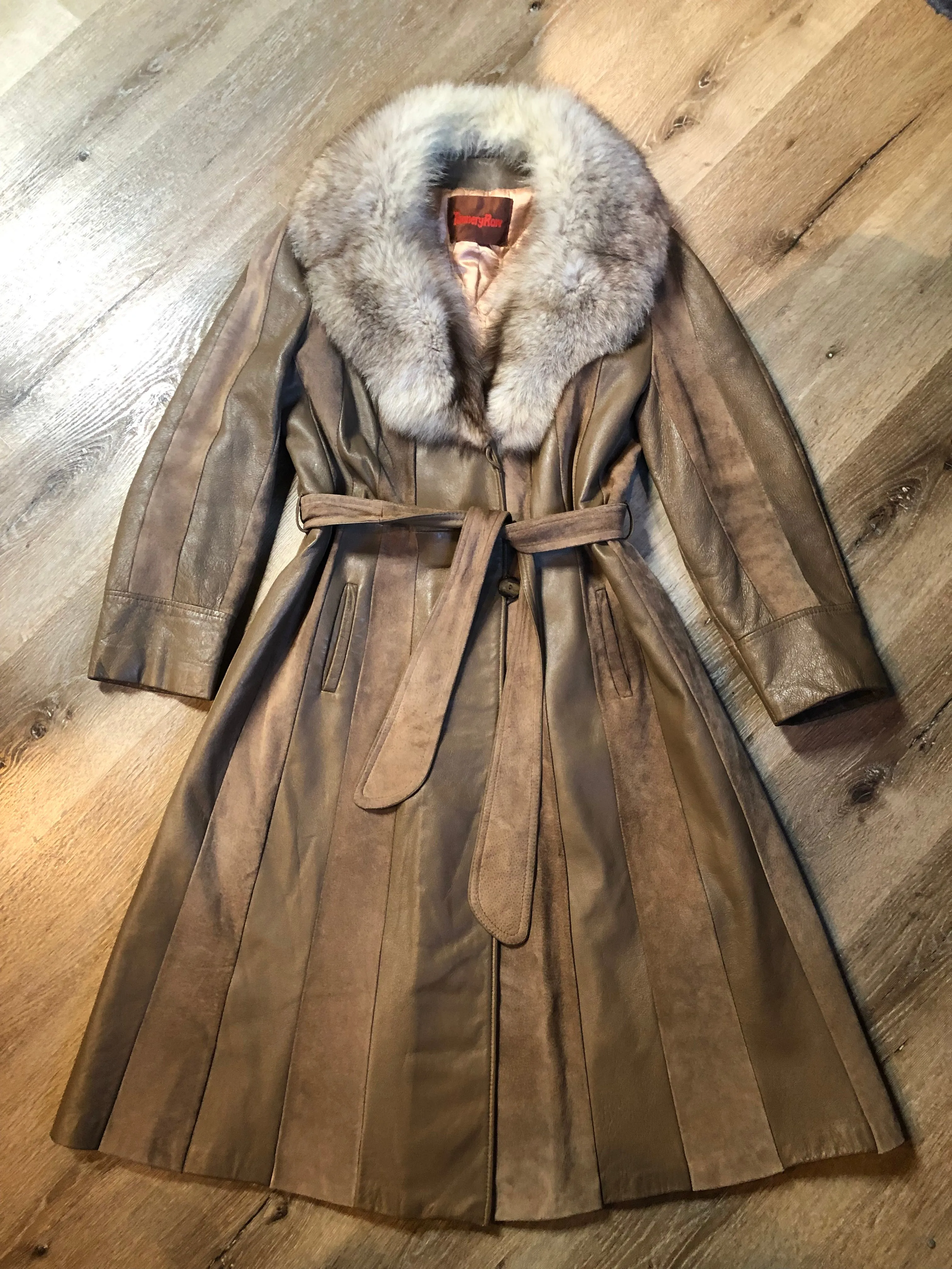 Vintage 70s Tannery Row Suede and Leather Belted Jacket with Fur Collar, Made in Canada SOLD