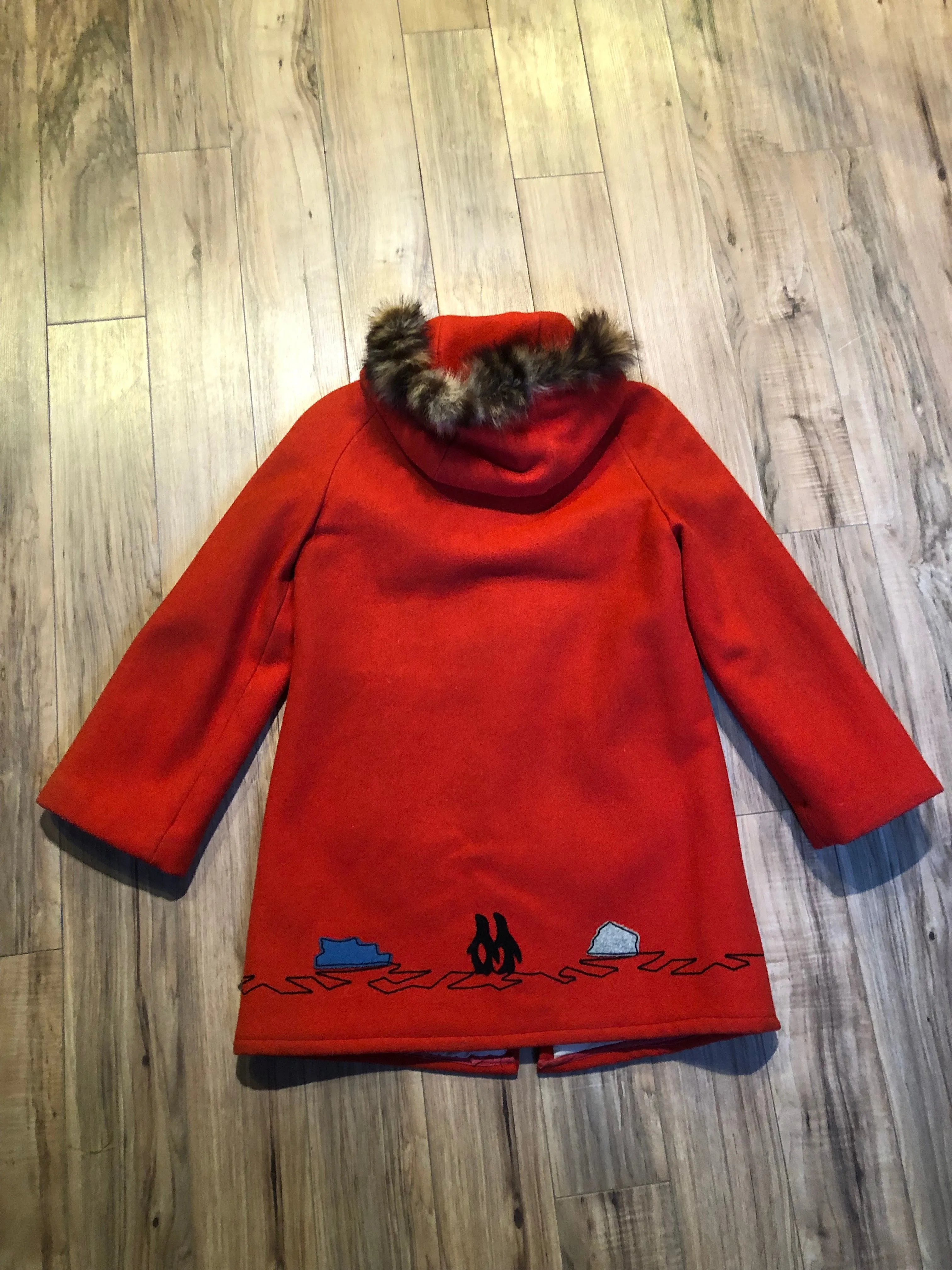 Vintage James Bay Red Wool Northern Parka with Fur Trimmed Hood, Made in Canada