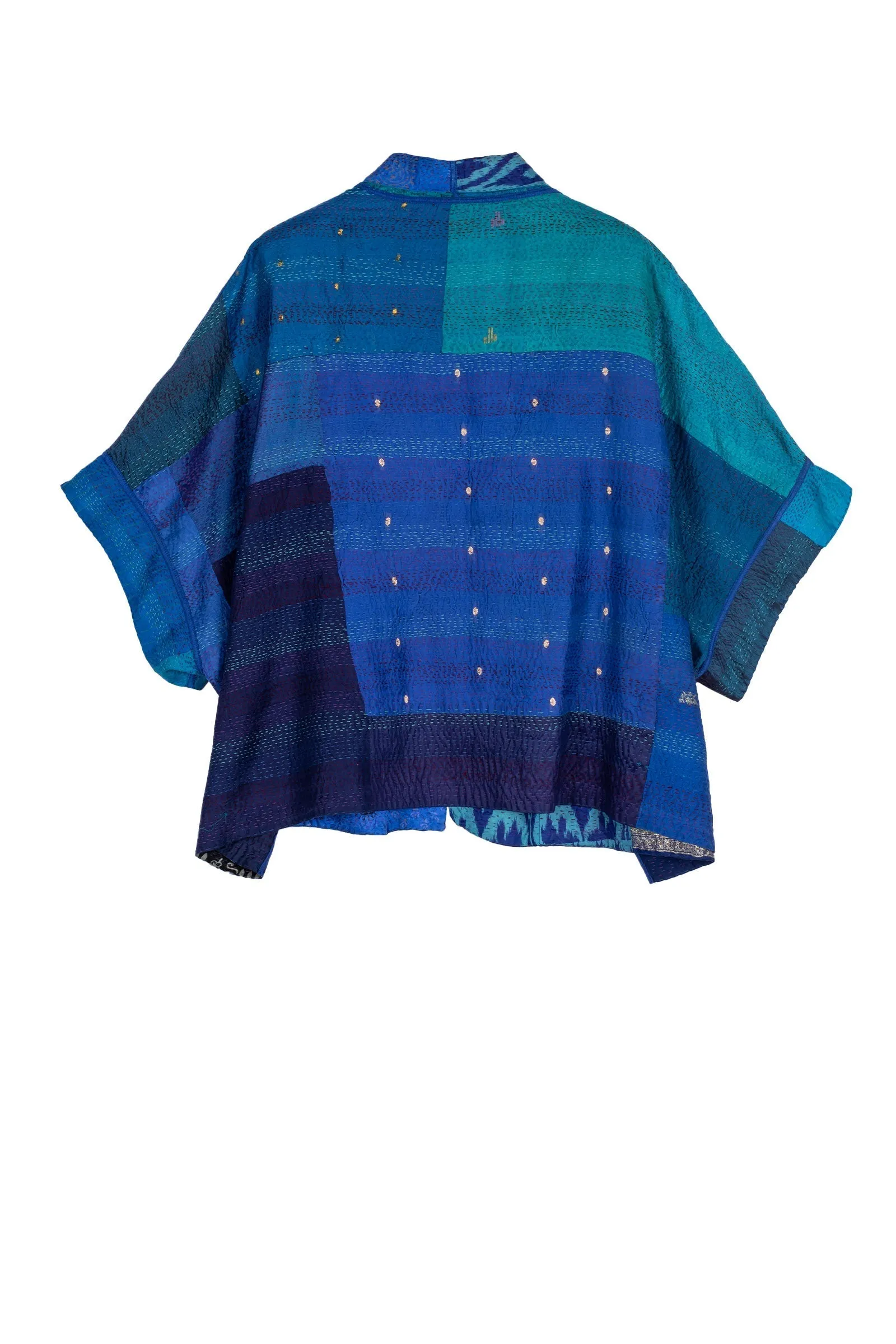 VINTAGE SILK PATCH KANTHA MINI PONCHO - vp2060-blu -