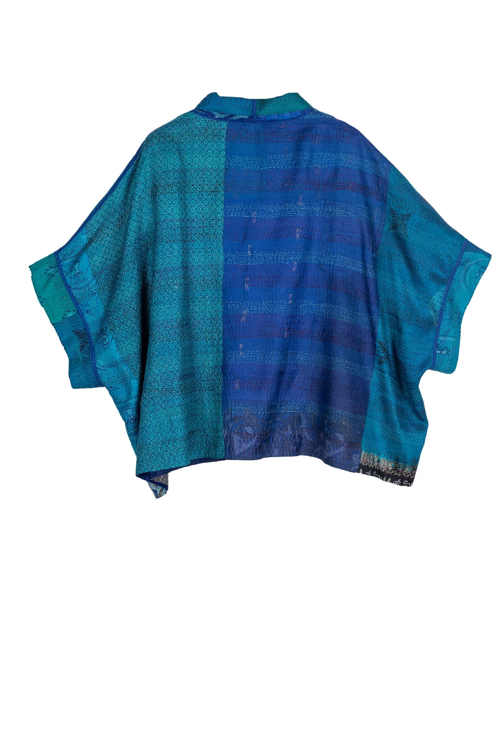 VINTAGE SILK PATCH KANTHA MINI PONCHO - vp2060-blu -