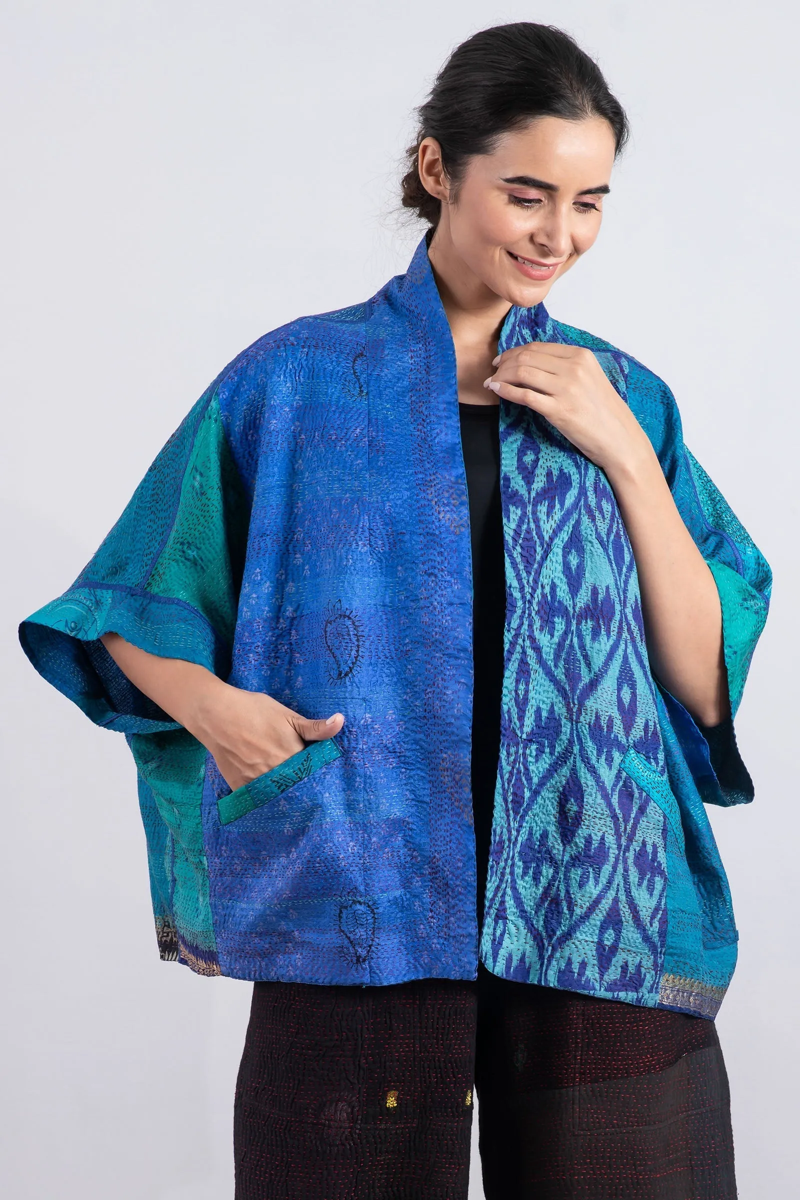 VINTAGE SILK PATCH KANTHA MINI PONCHO - vp2060-blu -