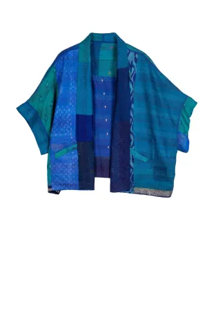 VINTAGE SILK PATCH KANTHA MINI PONCHO - vp2060-blu -