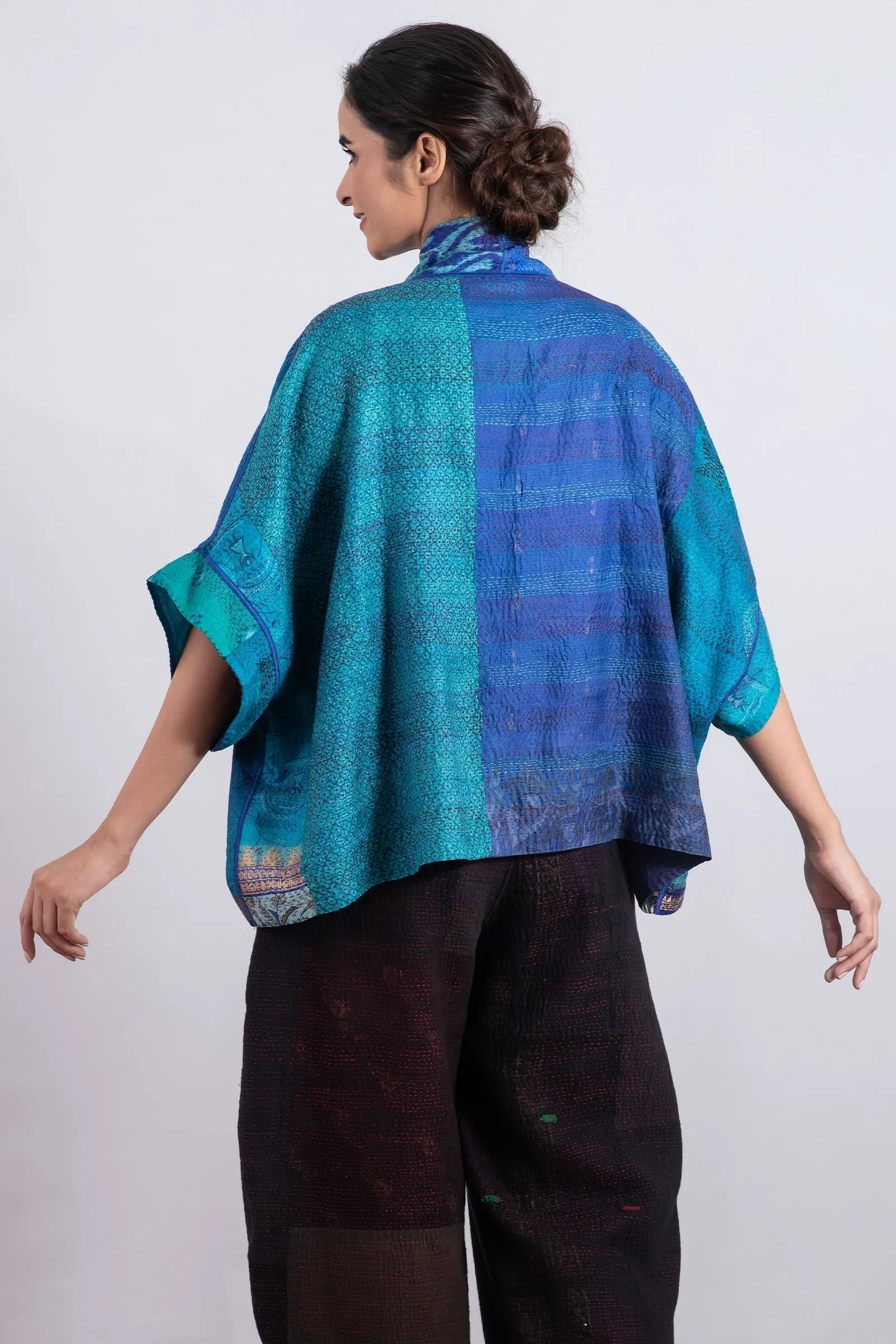 VINTAGE SILK PATCH KANTHA MINI PONCHO - vp2060-blu -